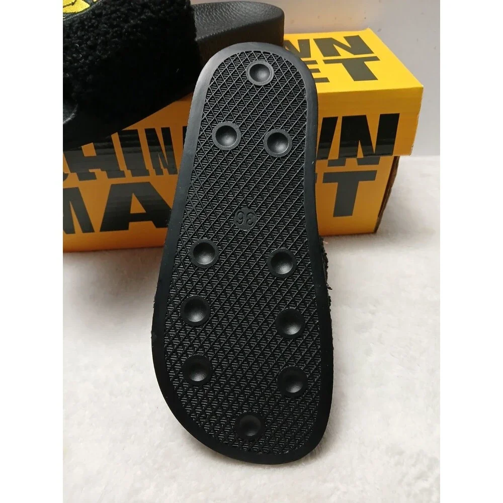 Chinatown Market Men Sandals Slides Smiley Sherpa‎ Ball Black Comfortable Size 4